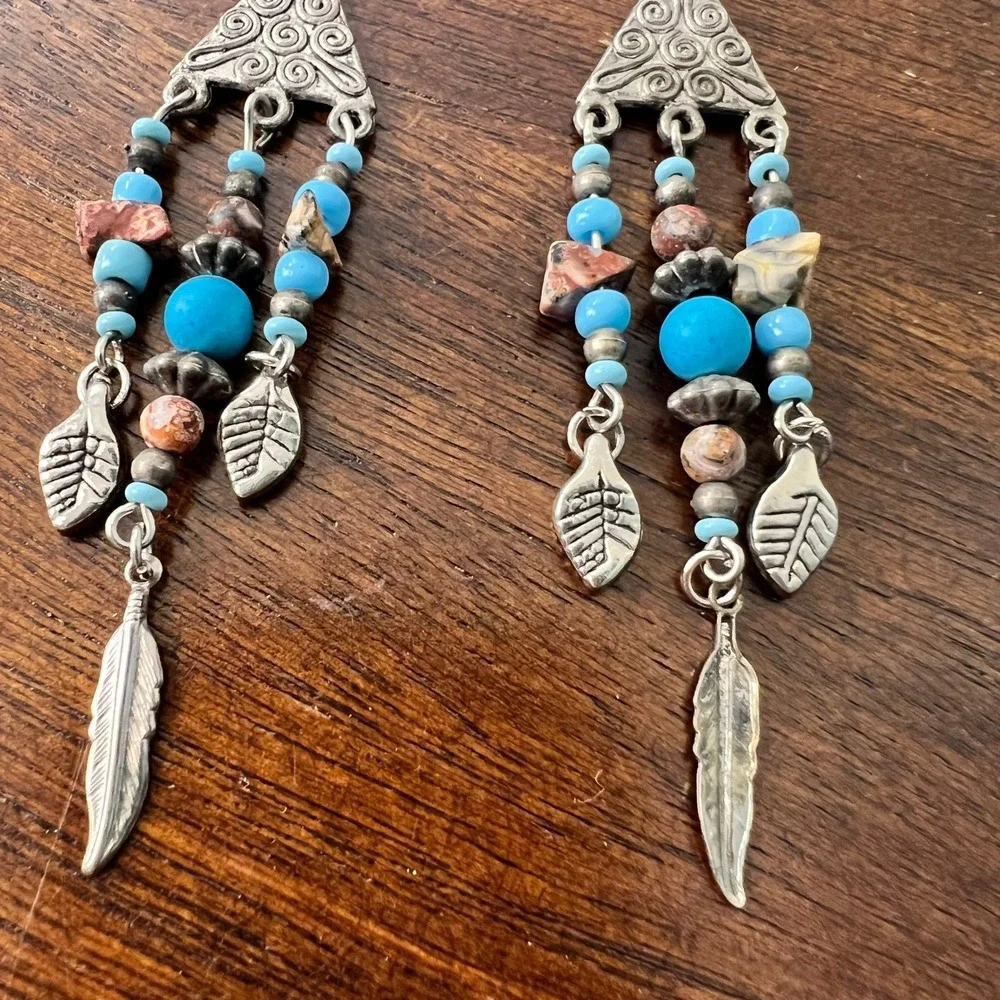Boho Faux Turquoise Necklace and Earring Set Silver Tone Southwestern Artsy